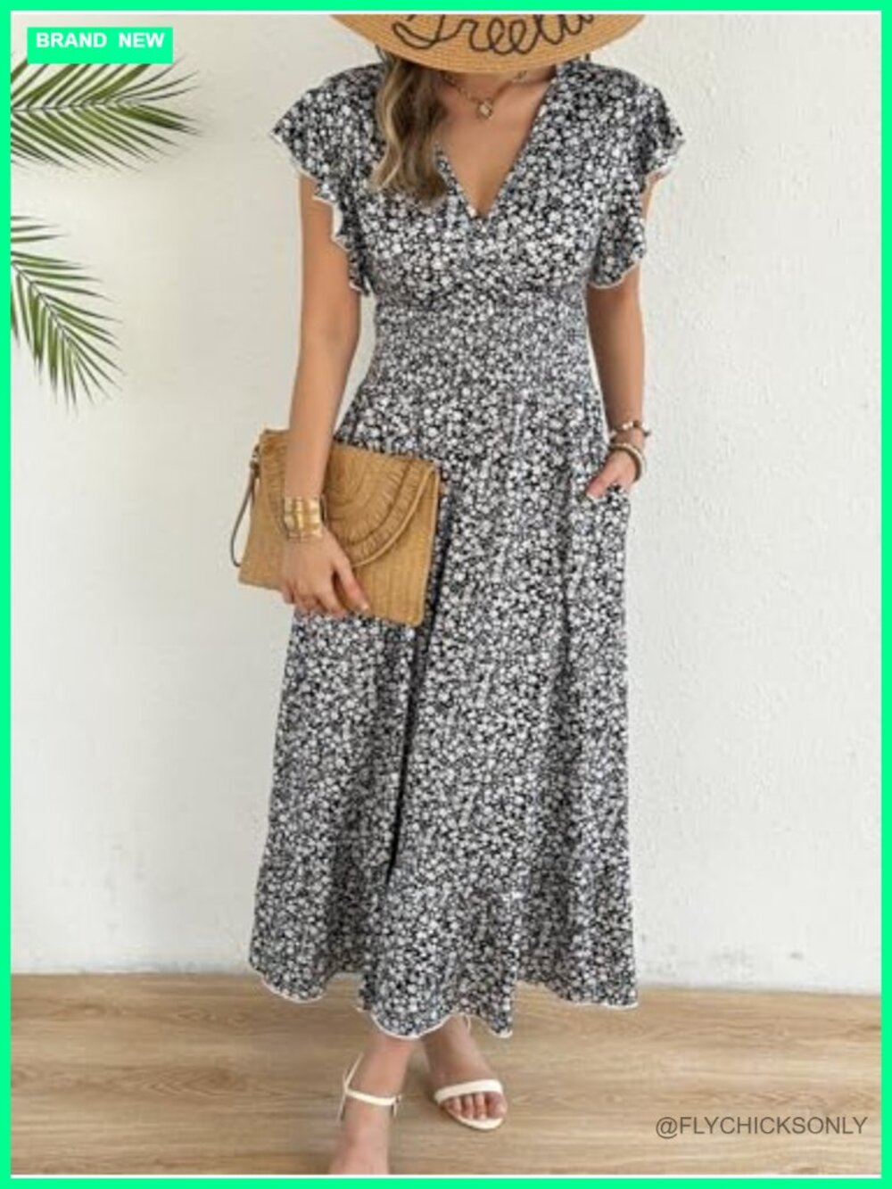 Flowy Floral Maxi Dress with Pockets - 95% Polyester 5% Spandex - Picture 6 of 6